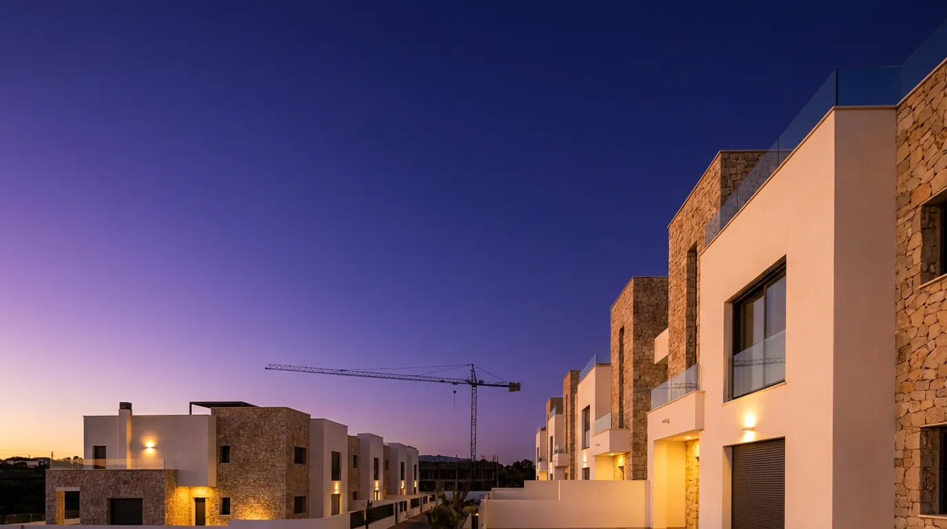Promoción residencial construida por SDP al anochecer en la Vega Baja