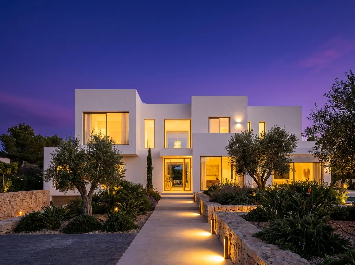 Vivienda residencial de obra nueva al anochecer